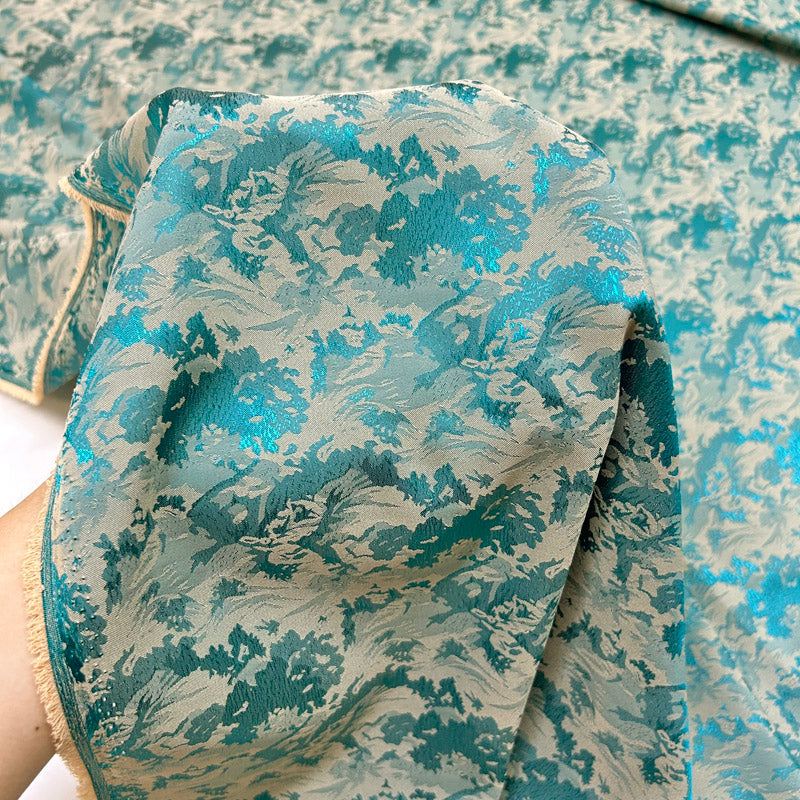 Abstract Wave Pattern Turquoise Blue Jacquard - Shiny Silky Satin