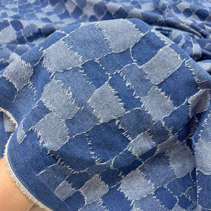 Stylish Blue Check Jacquard Denim - Durable Washed Cotton Jean Fabric