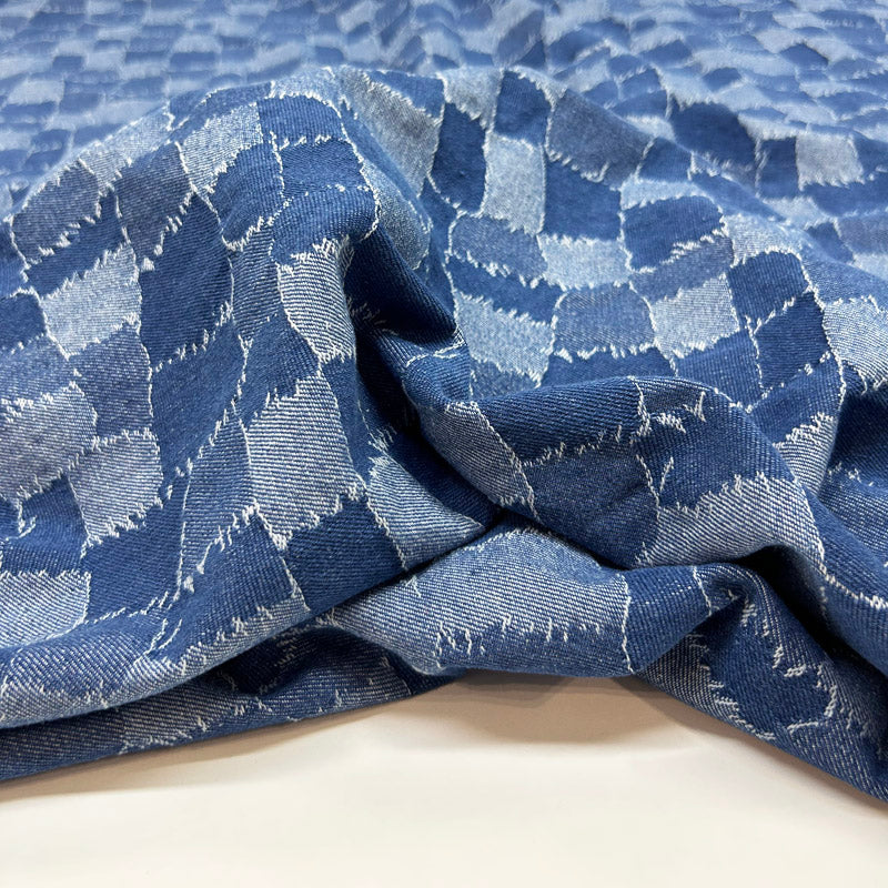 Stylish Blue Check Jacquard Denim - Durable Washed Cotton Jean Fabric