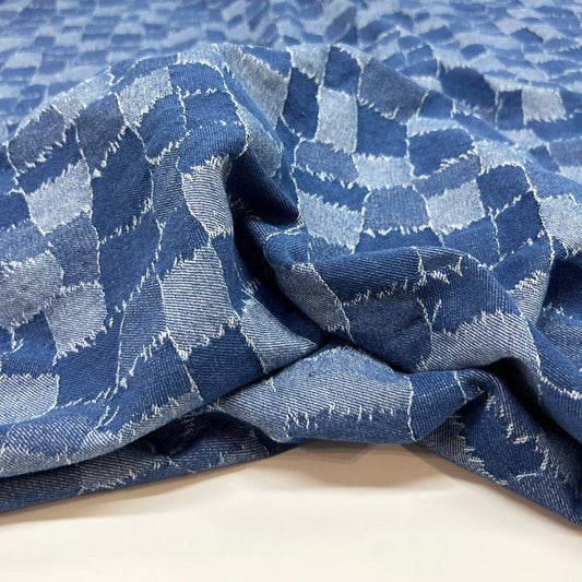Stylish Blue Check Jacquard Denim - Durable Washed Cotton Jean Fabric