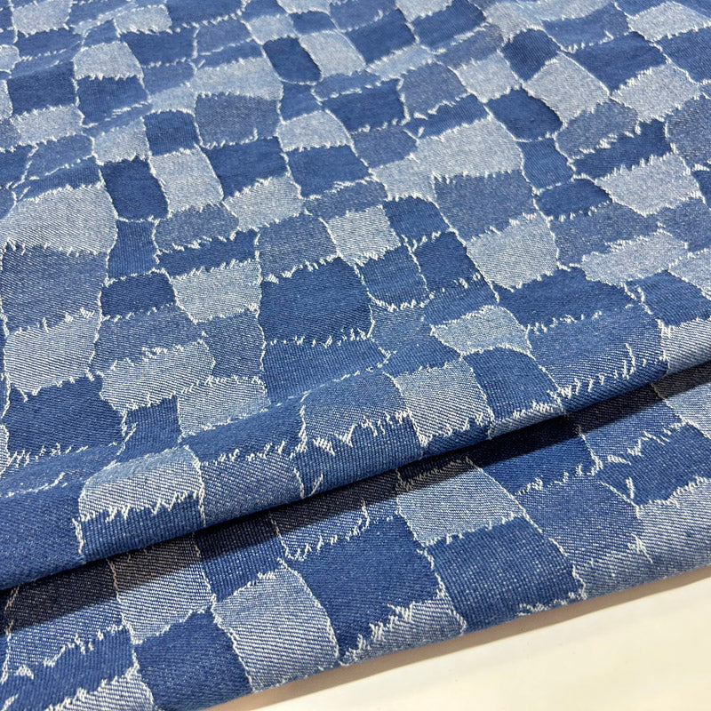 Stylish Blue Check Jacquard Denim - Durable Washed Cotton Jean Fabric