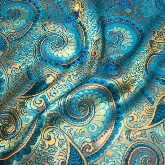 Luxury Blue Glossy Satin Brocade – Opulent Paisley Jacquard Fabric
