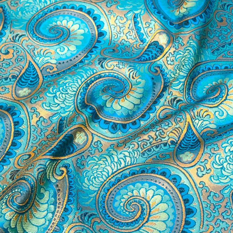 Luxury Blue Glossy Satin Brocade – Opulent Paisley Jacquard Fabric