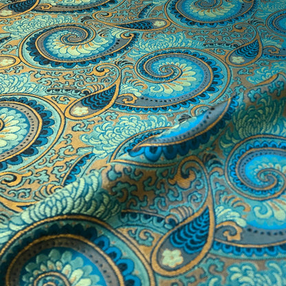 Luxury Blue Glossy Satin Brocade – Opulent Paisley Jacquard Fabric