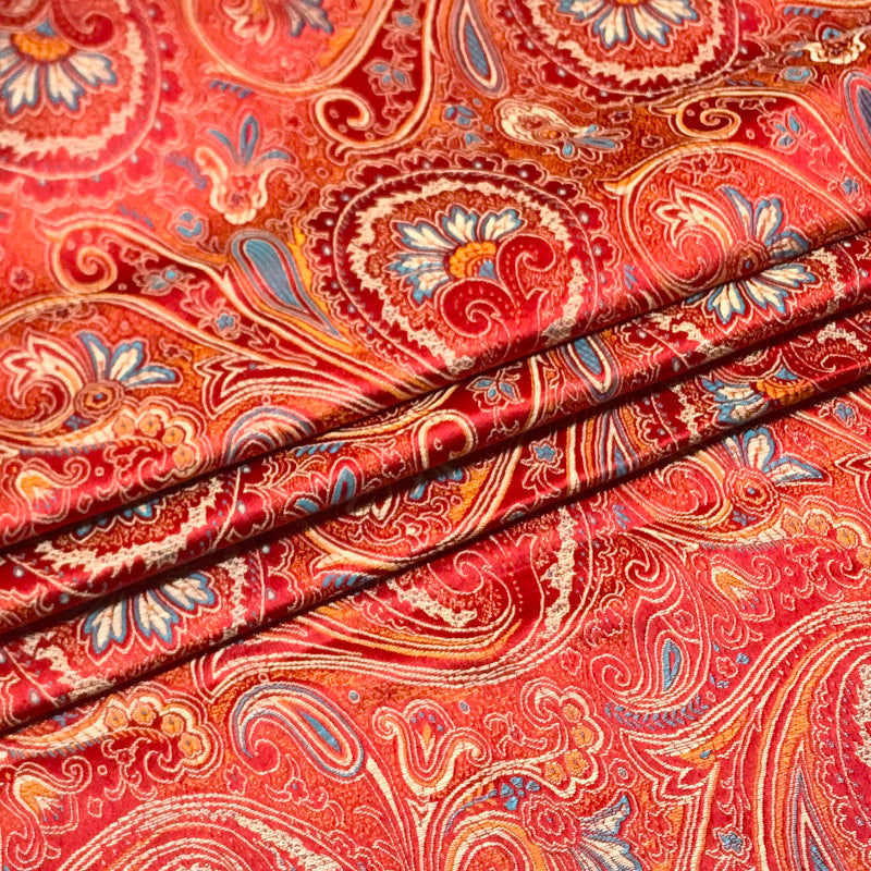 Classical Red Paisley Satin Brocade - Woven Jacquard Textile