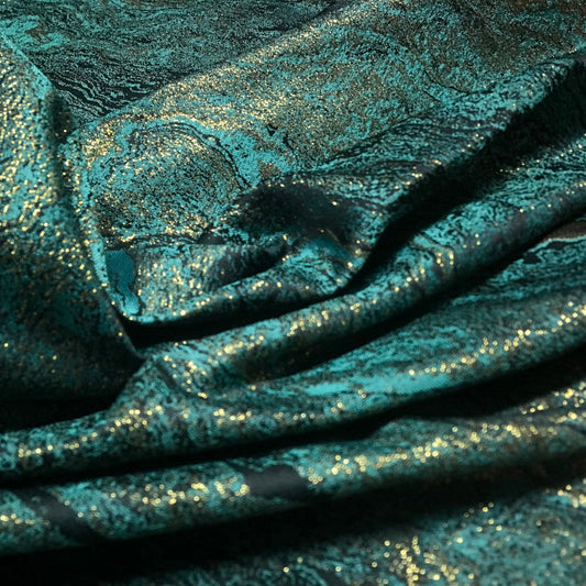 Glitter Green & Golden Jacquard Brocade – Sparkly Shiny Fabric for Clothing & Decor