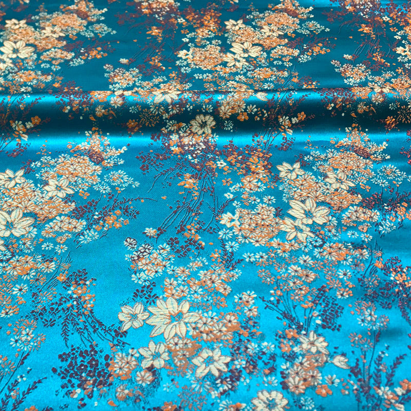 Chic Metallic Brocade Fabric - Elegant Blue Gold Jacquard Textile