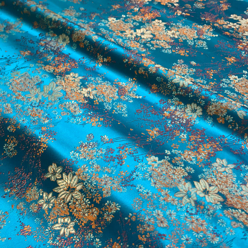 Chic Metallic Brocade Fabric - Elegant Blue Gold Jacquard Textile