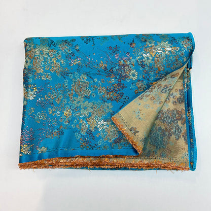 Chic Metallic Brocade Fabric - Elegant Blue Gold Jacquard Textile