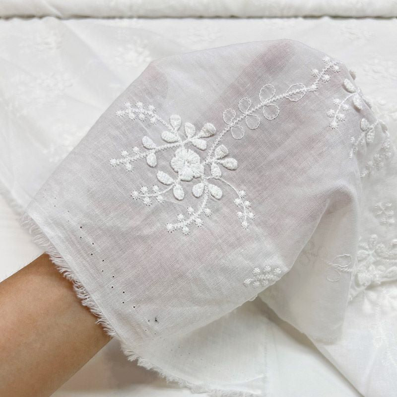 3D Floral Embroidery Cotton Fabric - Elegant White Raised Flower Lace