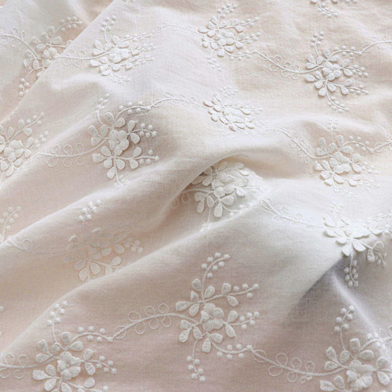 3D Floral Embroidery Cotton Fabric - Elegant White Raised Flower Lace