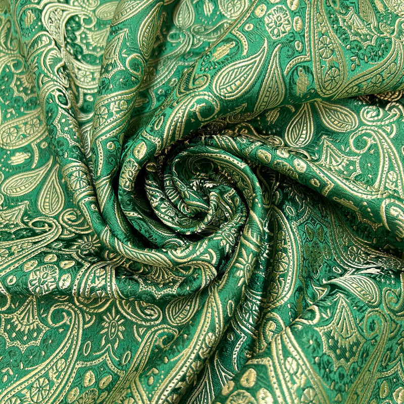 Green & Gold Paisley Brocade - Metallic Shiny Embroidery Fabric