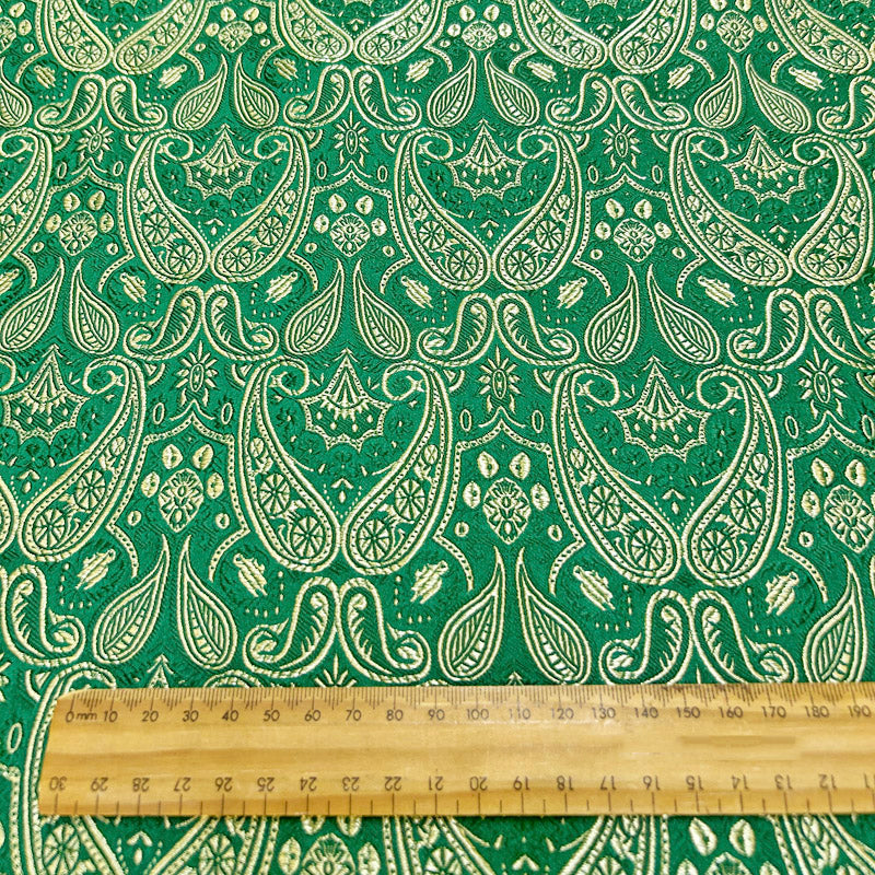 Green & Gold Paisley Brocade - Metallic Shiny Embroidery Fabric