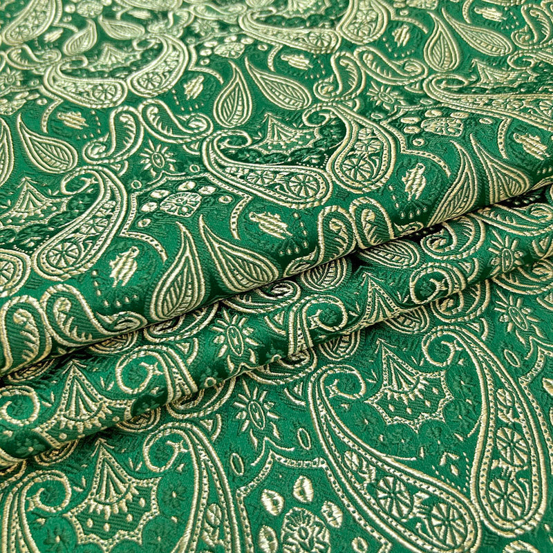 Green & Gold Paisley Brocade - Metallic Shiny Embroidery Fabric