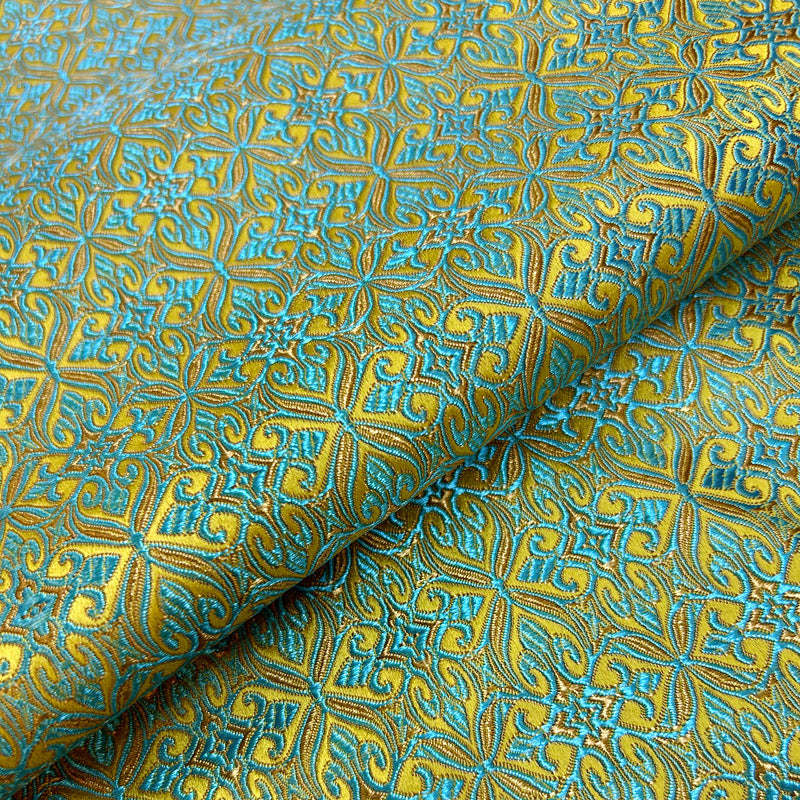 Green Geometric Jacquard Brocade - Intricate Woven Shimmer Textile