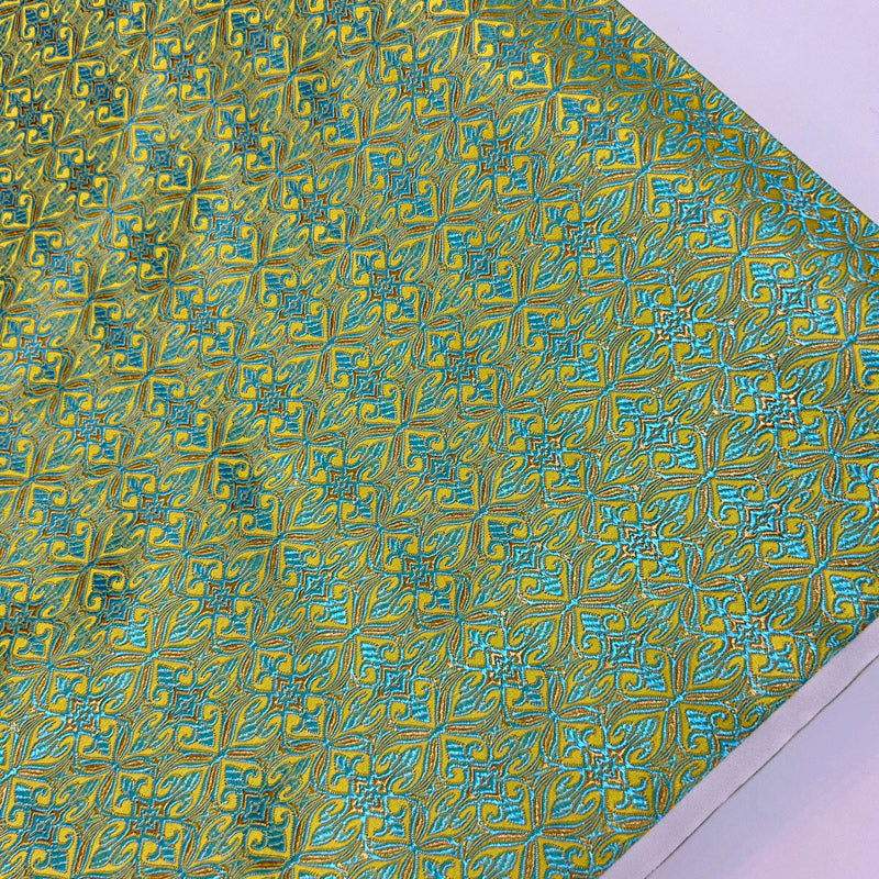Green Geometric Jacquard Brocade - Intricate Woven Shimmer Textile