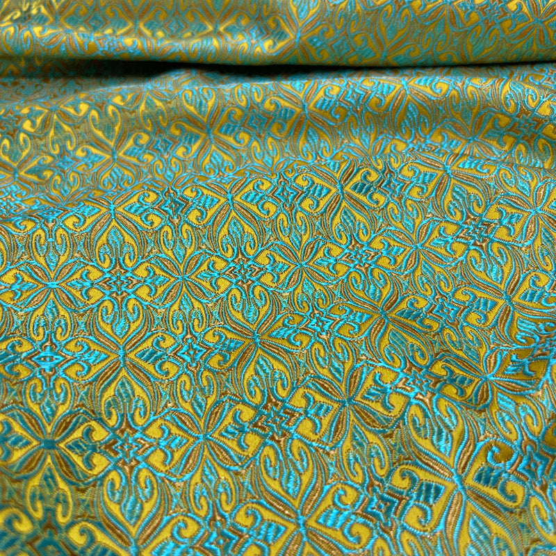 Green Geometric Jacquard Brocade - Intricate Woven Shimmer Textile