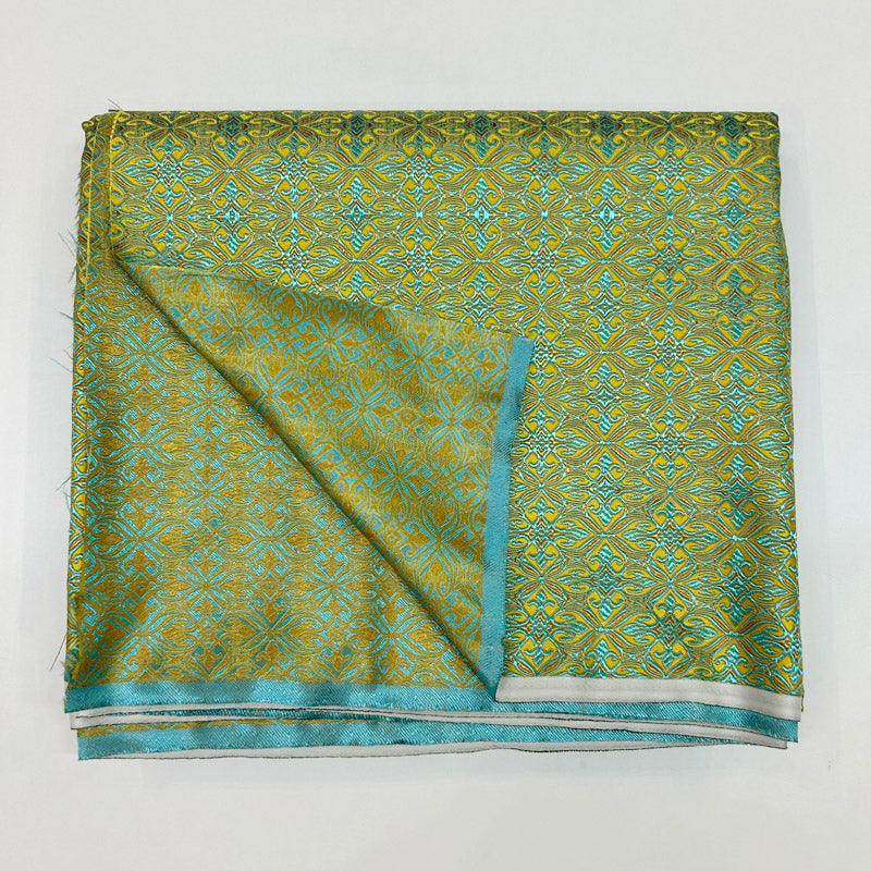 Green Geometric Jacquard Brocade - Intricate Woven Shimmer Textile