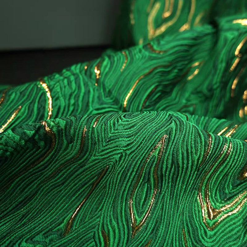 Emerald Green Wavy Metallic Embossed Brocade - Shiny Jacquard Embroidery