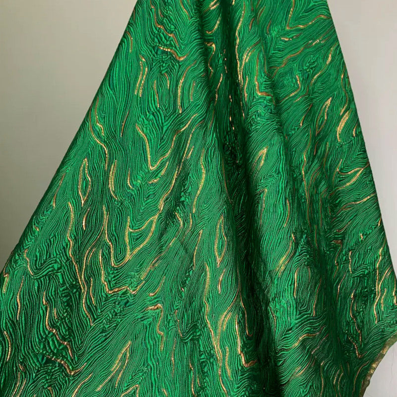 Emerald Green Wavy Metallic Embossed Brocade - Shiny Jacquard Embroidery
