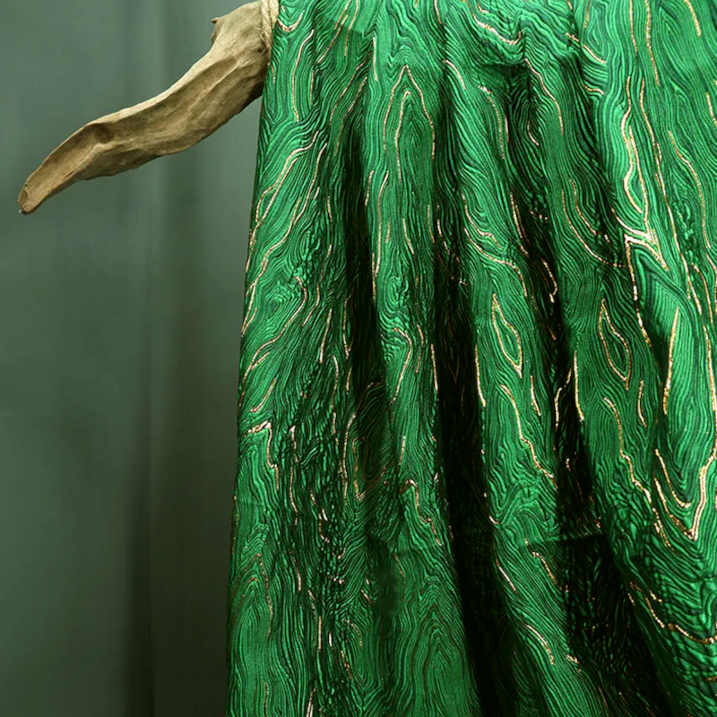 Emerald Green Wavy Metallic Embossed Brocade - Shiny Jacquard Embroidery