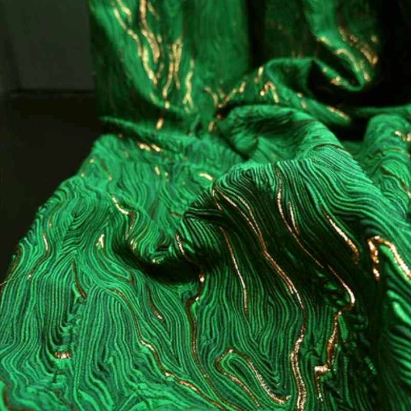 Emerald Green Wavy Metallic Embossed Brocade - Shiny Jacquard Embroidery