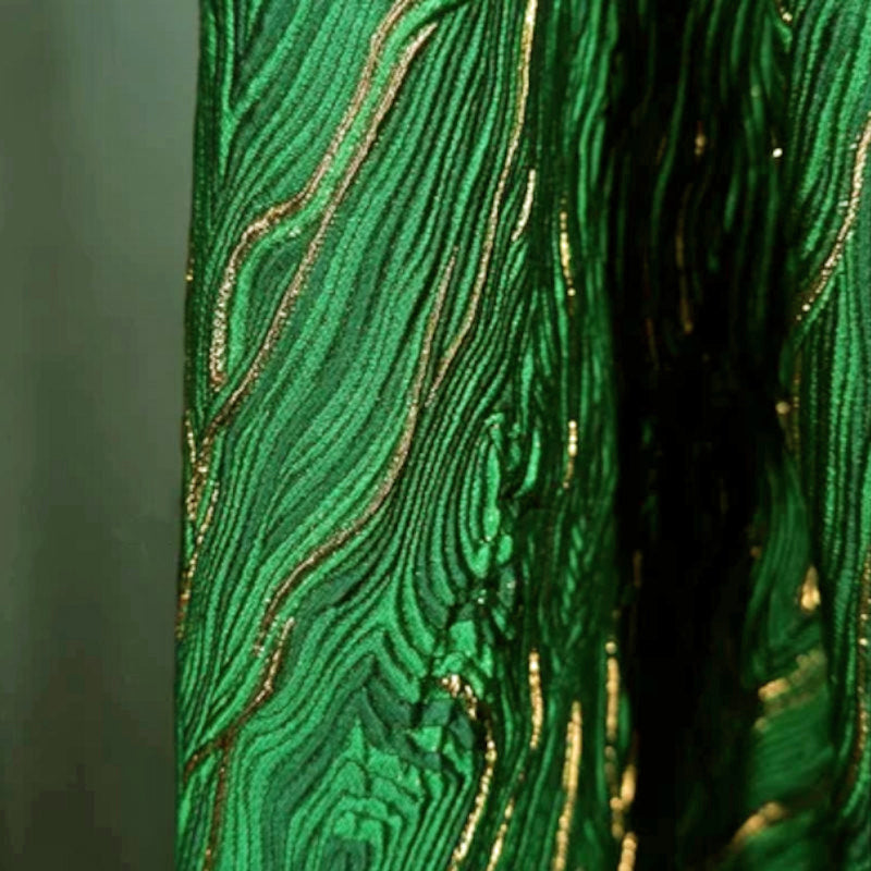Emerald Green Wavy Metallic Embossed Brocade - Shiny Jacquard Embroidery