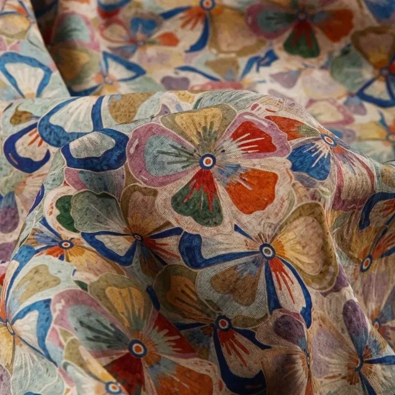 Colorful Floral Tencel Linen Fabric - Thin & Draping Artistic Print