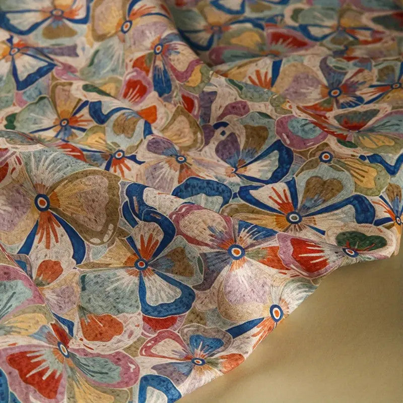 Colorful Floral Tencel Linen Fabric - Thin & Draping Artistic Print