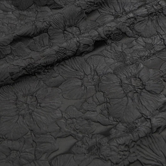 Floral Embossed Brocade - Black 3D Flower Fabric For Dressmaking