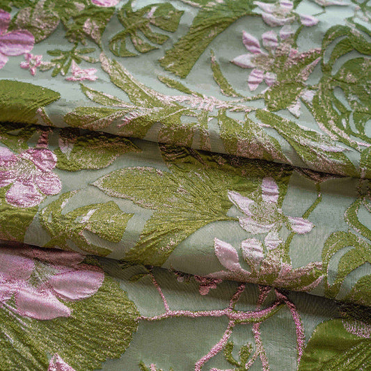 3D Floral Embossed Brocade - Green & Pink Metallic Jacquard