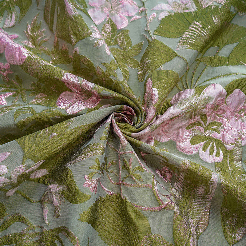 3D Floral Embossed Brocade - Green & Pink Metallic Jacquard