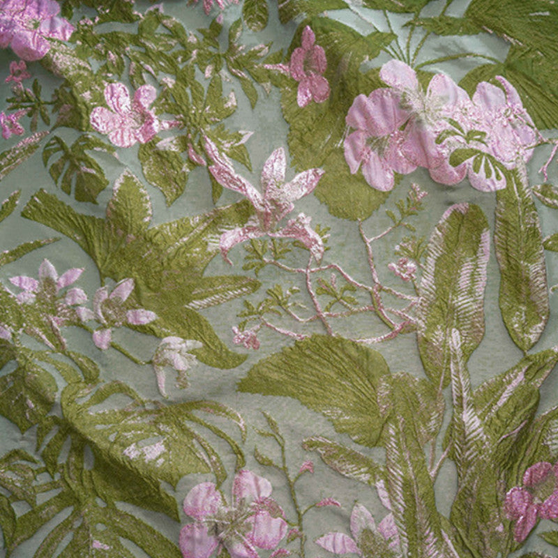 3D Floral Embossed Brocade - Green & Pink Metallic Jacquard