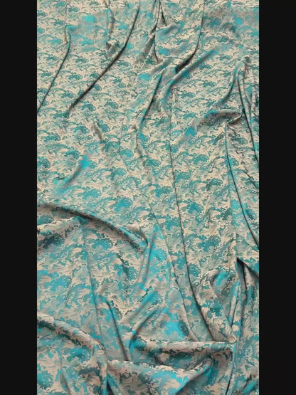 Abstract Wave Pattern Turquoise Blue Jacquard - Shiny Silky Satin