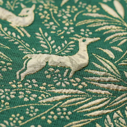 Green 3D Metallic Jacquard - Deer and Leaf Pattern Embossed Brocade