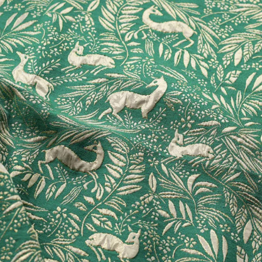 Green 3D Metallic Jacquard - Deer and Leaf Pattern Embossed Brocade