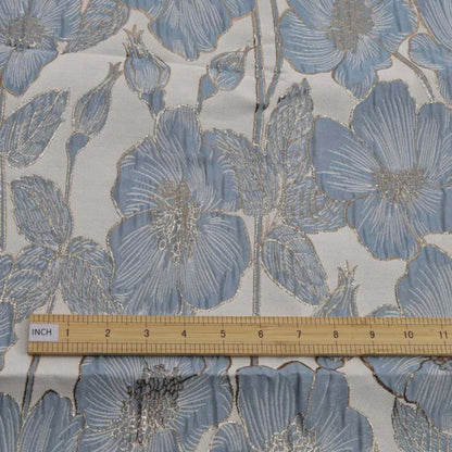 Blue Floral Metallic Brocade - Shiny Textured Jacquard Designer Fabric
