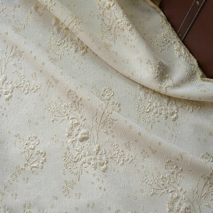 Floral Textured Embossed Brocade - Ivory Shiny 3D Jacquard Fabric