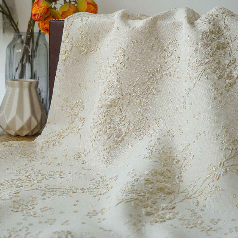 Floral Textured Embossed Brocade - Ivory Shiny 3D Jacquard Fabric