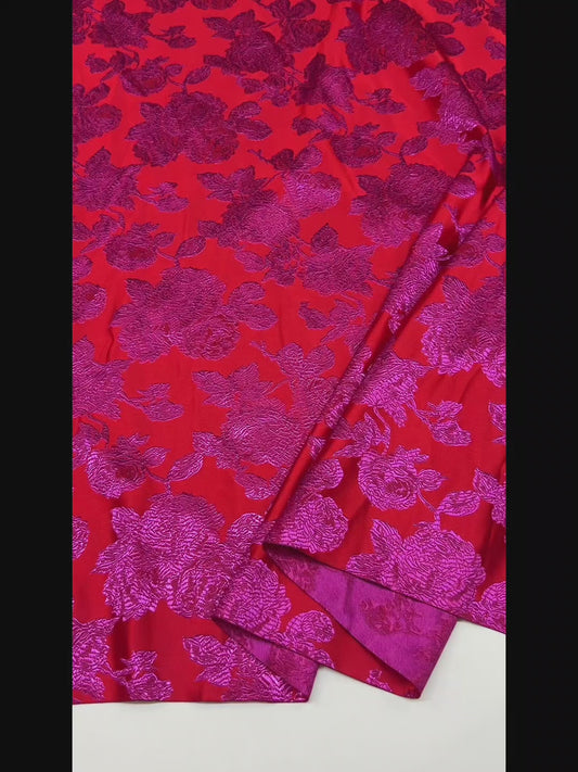 Vibrant Red & Fuchsia Floral Brocade - Satin Jacquard Weave Textile