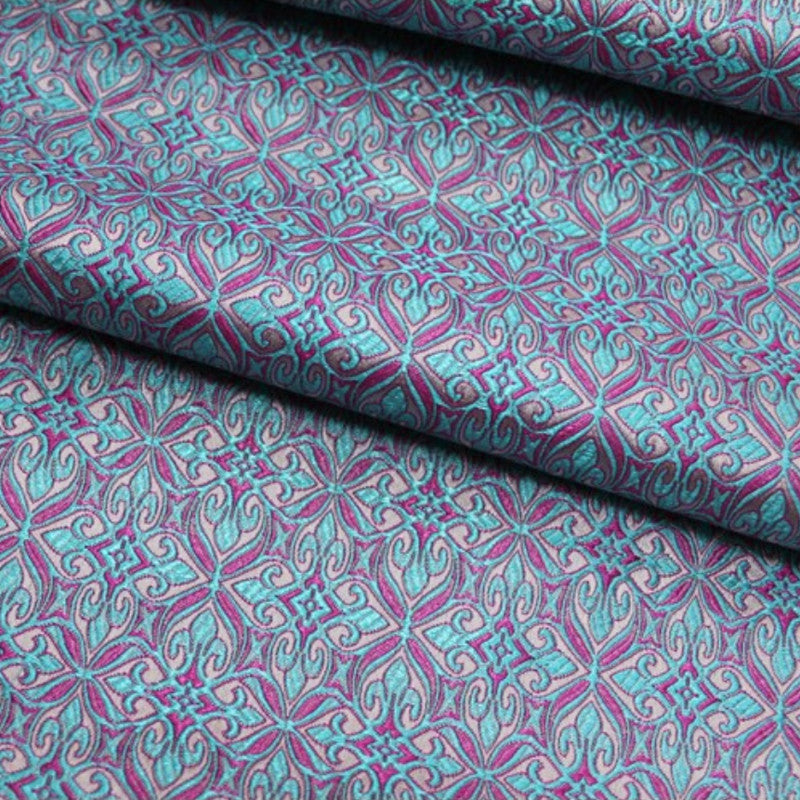 Teal Geometric Brocade - Metallic Damask Check Jacquard