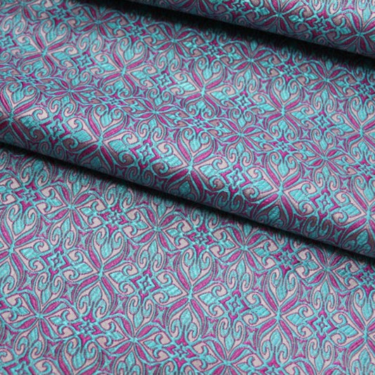 Teal Geometric Brocade - Metallic Damask Check Jacquard