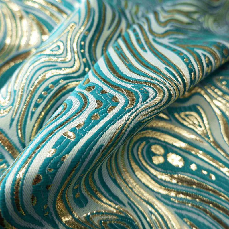 Metallic Geometric Embossed Brocade - Teal Gold Water Ripple Textured