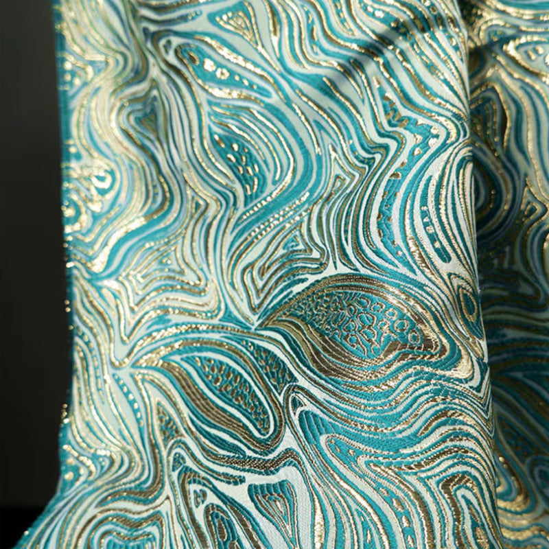 Metallic Geometric Embossed Brocade - Teal Gold Water Ripple Textured
