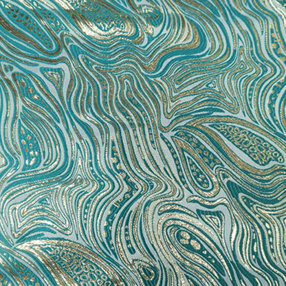 Metallic Geometric Embossed Brocade - Teal Gold Water Ripple Textured