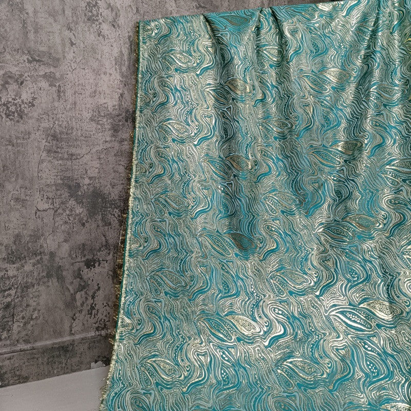 Metallic Geometric Embossed Brocade - Teal Gold Water Ripple Textured