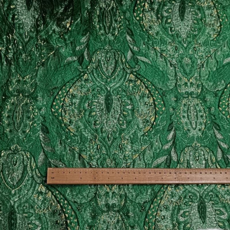 3D Damask Textured Brocade - Green Metallic Shiny Embossed Jacquard