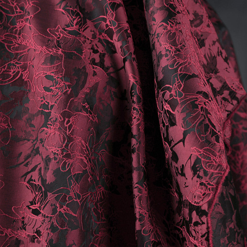 Burgundy Red Jacquard Embroidered Brocade – Embossed Floral Fabric