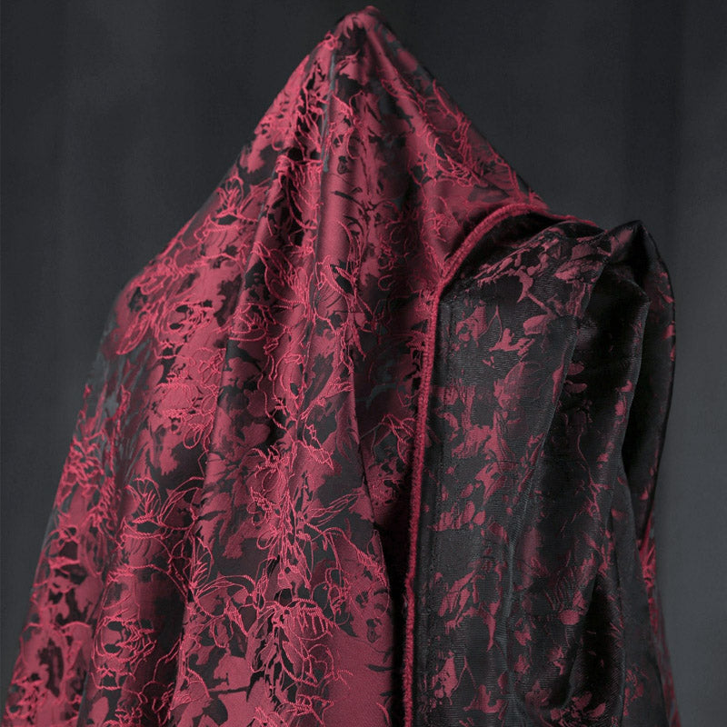 Burgundy Red Jacquard Embroidered Brocade – Embossed Floral Fabric